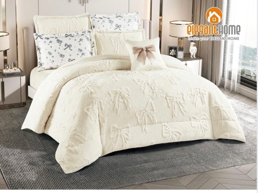 طقم مفرش سرير شتوي مخملي مطبوع بنقشة الفيونكة