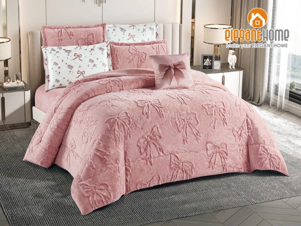 طقم مفرش سرير شتوي مخملي مطبوع بنقشة الفيونكة