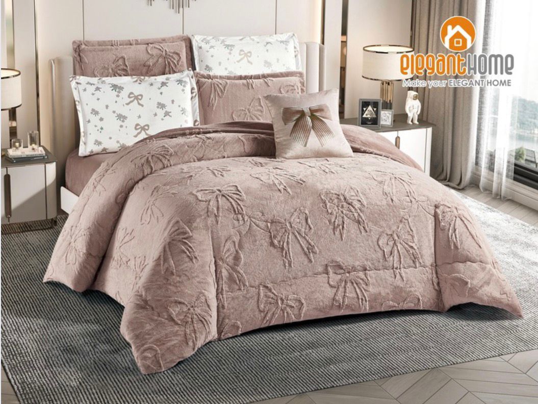 طقم مفرش سرير شتوي مخملي مطبوع بنقشة الفيونكة